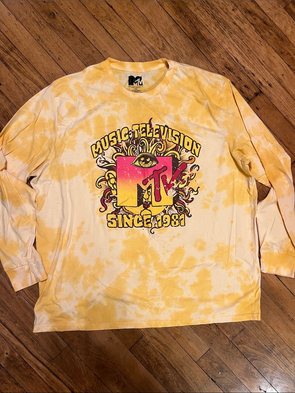 MTV Yellow Tie-Dye Long Sleeve Tee with Pink & Red Logo